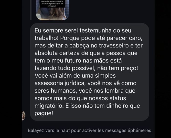 Mensagem de cliente sobre o valor do acompanhamento
