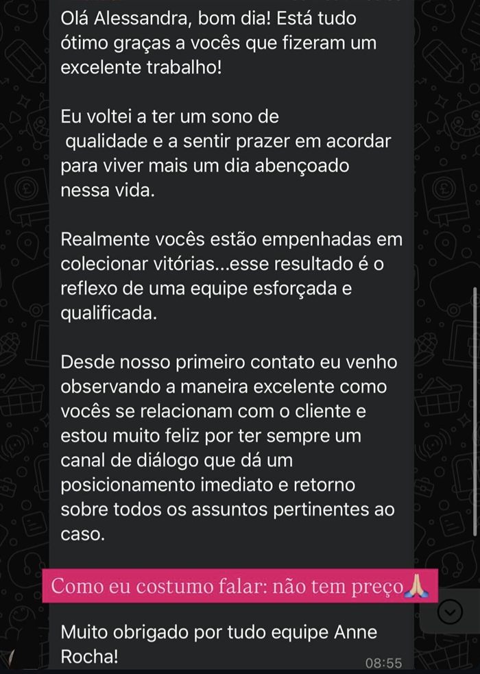Mensagem de cliente sobre voltar a dormir bem depois do acompanhamento